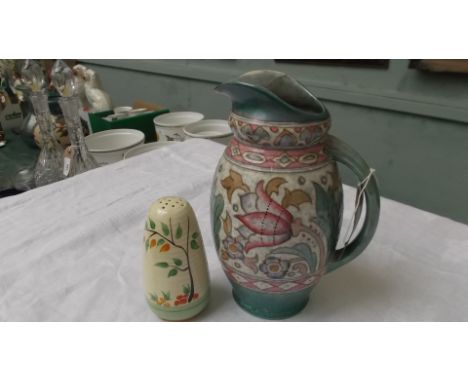 Charlotte Rhead Burleigh ware enamel lustre jug and a Clarice Cliff/Wilkinson yellow ground sugar caster