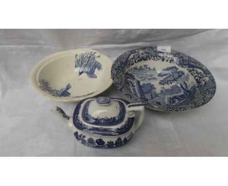 Small Adderley ware blue and white willow patterned teapot and a Copeland Spode (lozenge mark) bowl etc.