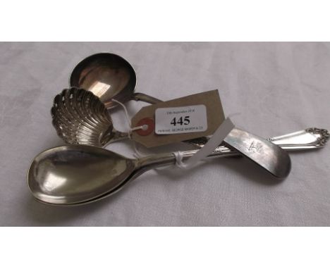 Pair of plated salad servers, plated soup ladle and an ornately engraved plated sifter ladle 
