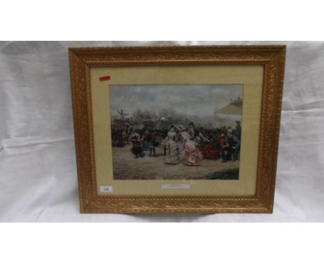 Coloured print of a Victorian scene 'In The Park' by L. Marchetti in ornate gilt frame