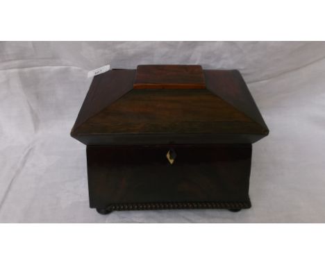 19th century mahogany 2 compartment caddy box with ribbed border on 4 bun feet