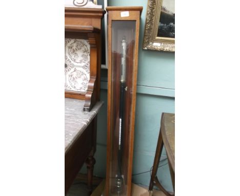 OAK FRAMED GLASS CASED STICK BAROMETER EX. PHILIP HARRIS OF BIRMINGHAM,  NUMBER: 2219, WITH TEMPERATURE THERMOMETER