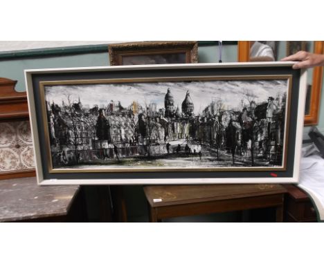 Large rectangular cream painted framed oil on board of  Mont-Marche by R. Folland (48" x 18")