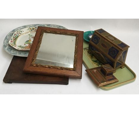 A mirror with gilt frame, a painted writing box and ink stand, a tray, and two large meat plates, one Spode 