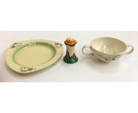 A Clarice Cliff Bizarre Fantastique pepper shaker, triangular plate, and two handled bowl, printed factory marks to base (3) 