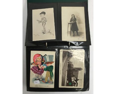 A folder filled with approx. 110 early 20th century pre-war postcards, varied subjects to include comedic, portrait and embro