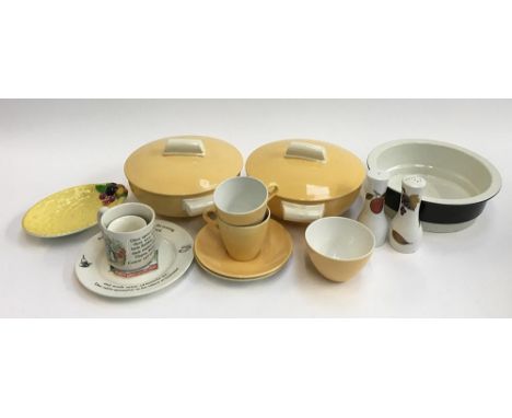 A selection of ceramics to include two lidded Golden Leaf Grindley tureens; two Poole pottery teacups and saucers, with one s