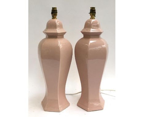 A pair of pink ceramic hexagonal table lamps, 49cmH 