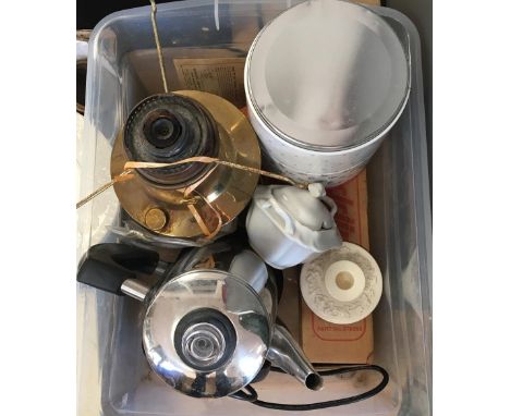 A mixed lot to include a kettle, Wedgwood candlestick holder, Staffordshire pot, biscuit tin, brass oil lamp etc 