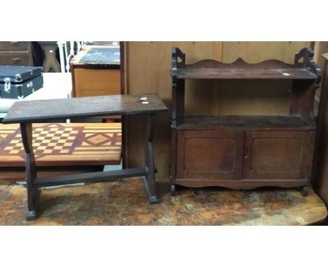 An oak spice rack/cupboard, 59cmW, together with an oak stool, 61cmW 