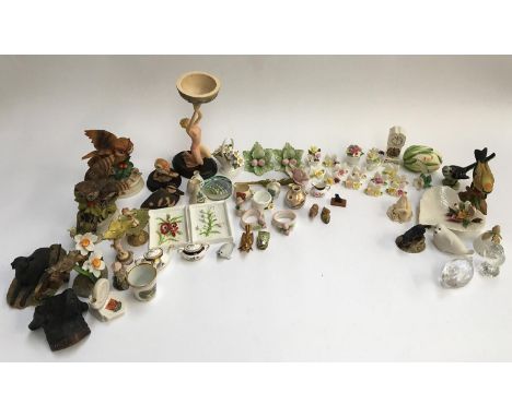 A mixed lot of ceramic figurines, whimsies and posies, to include Coalport, Bossons, Camelot, Arcadian etc 