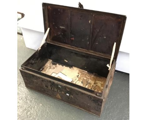 A vintage metal travel trunk, 80cmW 