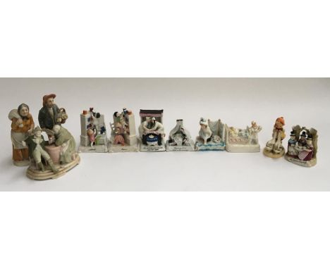 A number of ceramic figure groups, 'Attack', 'Defeat', 'Returning at One O'clock in the Morning', etc, together with a number