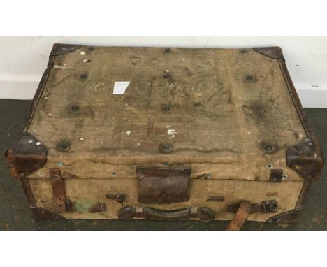 A vintage leather and canvas travel trunk, 53x80x28cm 