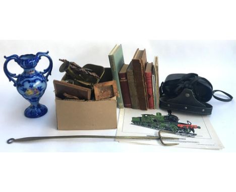 A mixed lot of interesting things to include binoculars, various brass items, several books, toasting fork, etc 