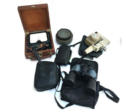 A mixed lot to include vintage voltmeter and ampmeter, a military ship's compass, a pair of Prinz 8x30 binoculars, a Sekonic 