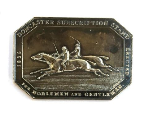 A silver ticket for the Doncaster races subscription stand, rectangular octagon, engraved, obverse with two racehorses gallop