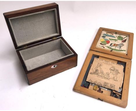 An antique rosewood jewellery box with mother of pearl inlay and vintage child?s paintbox 