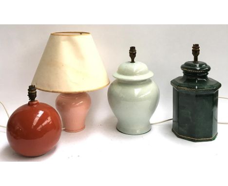 Four ceramic table lamps, one in spherical form, one octagonal 