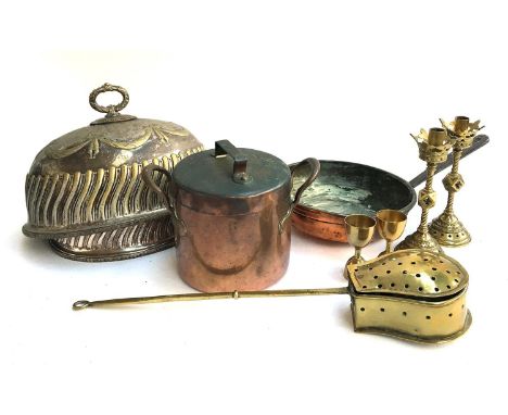 A floating dairy thermometer in cardboard case, made in Germany; together with a twin handled copper saucepan 7" diameter, ma