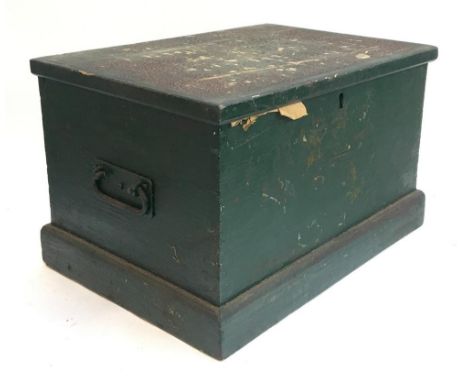 A green painted wooden trunk, with loop side handles, 49x34x30cm 