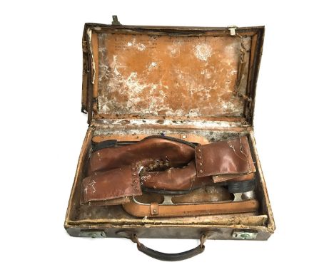 A pair of vintage leather ice skates in leather case, belonged to Sir Alliott Verdon-Roe, pioneer English pilot and aircraft 