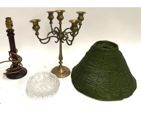 A turned wood lamp base, beaded lamp shade, five arm candelabra, and cut glass ashtray 