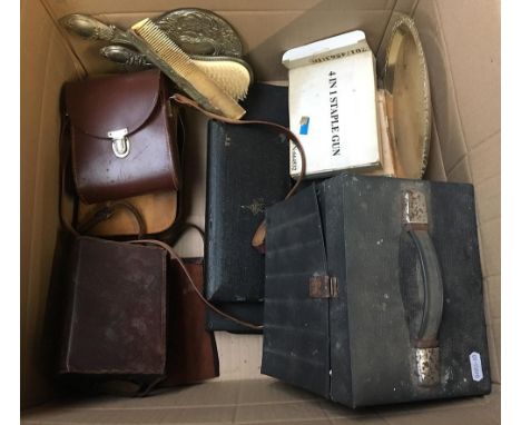 A G6 vintage stationery set, a set of artist's brushes in case, a male travel set, four in one staple gun, Kodak box Brownie,