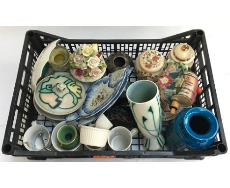 A mixed box of ceramics to include North Devon studio pottery, continental fish plates, several Sadler vases and other vases,