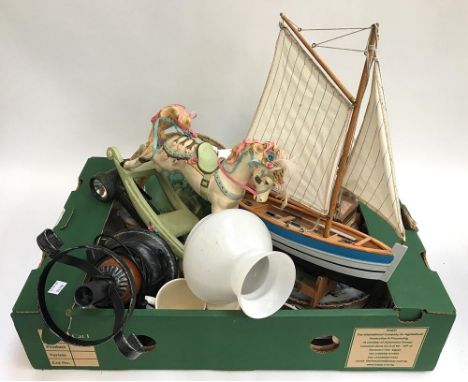 A small mixed box of ceramics, to include Ironstone plates, Majolica plates, nursery rhyme teawares, together with a small mo