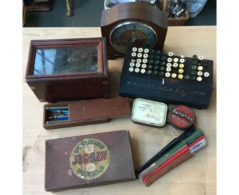 A Plus adder calculating machine, together with a Stanley no. 71 1/2 xxx in wooden case, a geometry set, coins, Smith sectric