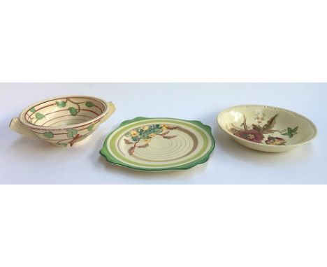 A Clarice Cliff Bizarre twin handled bowl and plate, and a Clarice Cliff for Burslem bowl (3) 