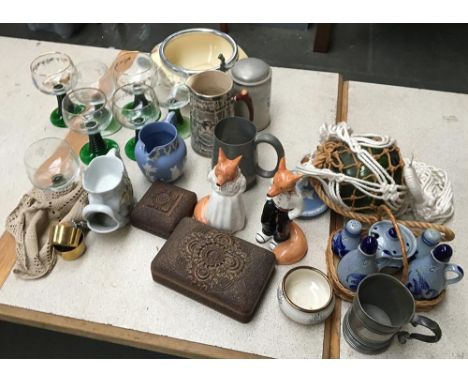 A mixed lot to include a green glass float in basket, a Victorian half pint pewter measure (marked), various glasses, Jasper 