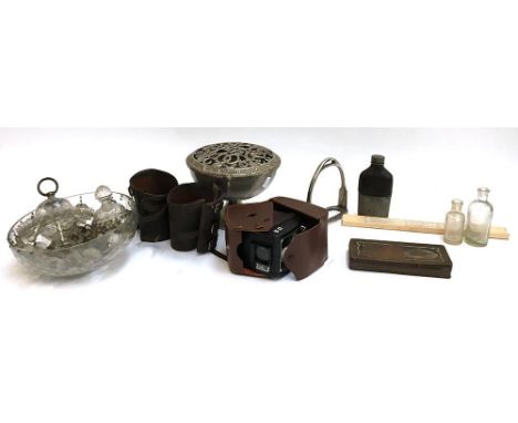 A mixed lot of vintage items to include a Bilora Bonita box camera; a pewter and glass hip flask; leather puttees, cut glass 