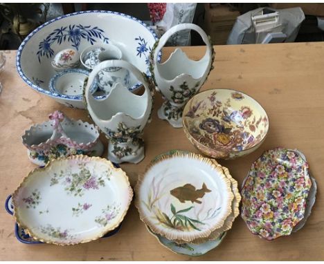 A mixed lot of ceramics to include an unusual grey ceramic jug with heron and mask design with tree branch handle, stamped 'j