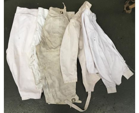 Three pairs of vintage Leon Paul fencing breaches, two vintage Leon Paul fencing jackets, and two lame jackets (AF) 