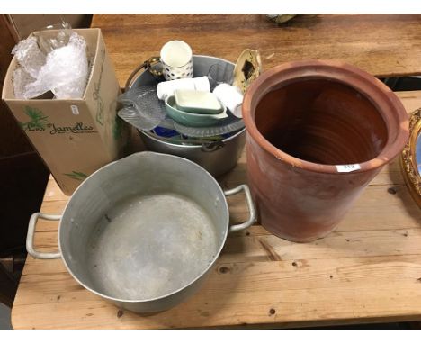 A mixed lot to include two aluminium pans, terracotta bread bin and various ceramic items 