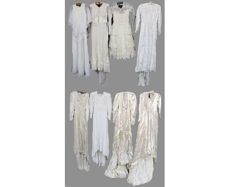 20th Century Wedding Dresses, comprising a circa 1930s woven crepe long sleeved dress with short train, bias cut and buttons 