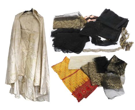 Assorted Late 19th Century Decorative Embroidery of gilt metal woven panels worked on black net, comprising two cut lengths e