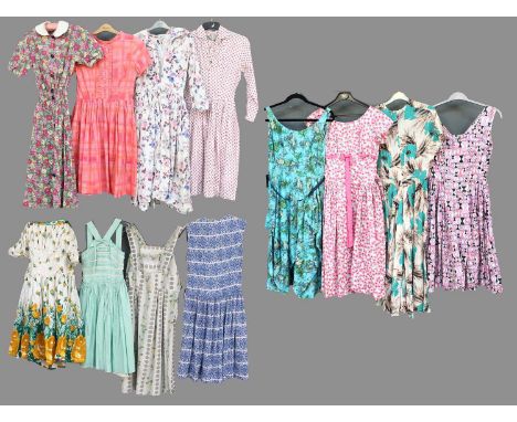 Circa 1950s Printed Cotton Dresses, comprising a Walgar white dress printed with blue and pink floral patter, wide collar wit