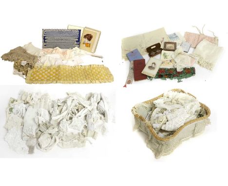 Assorted Lace, Crochet, Linen and Accessories, comprising CC41 embroidered pillowcase, decorative embroidered textiles,printe