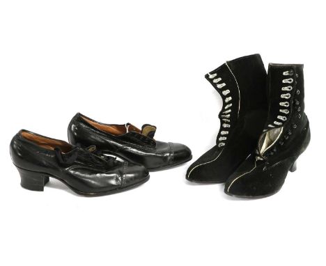 A Pair of Black Velvet Lady's Boots with button fastening, contrast stitched button holes and piped detail to the front and b