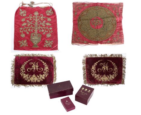 Pair of Decorative 19th Century Plum Velvet Monogrammed Panels or Cushion Covers, with a central 'M' within a wreath of decor