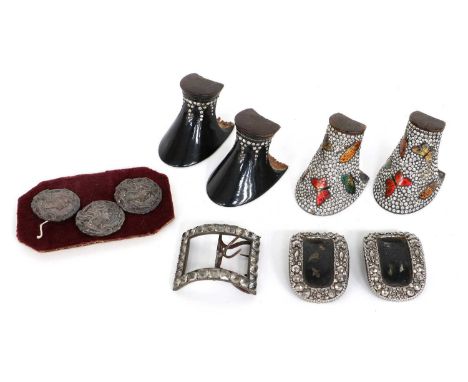 Late 19th/Early 20th Century Costume Accessories, comprising three silver Art Nouveau style buttons of a maiden by Robert Pri