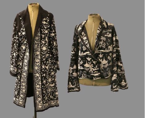 Early 20th Century Chinese Black Silk Coat, embroidered overall with cream silk flowers and birds, with flared long cuffs, ne