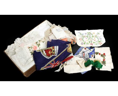 Assorted 19th Century and Later Embroidered and Decorative Textiles, comprising a white work panel embroidered with sinuous f