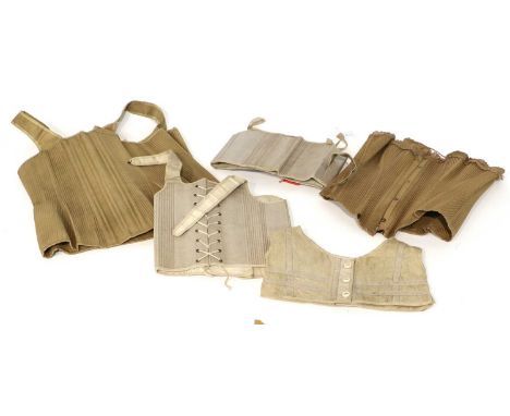 Early 20th Century Corsets comprising a 'drab' cotton liberty corset with straps, another without straps, a childs liberty bo