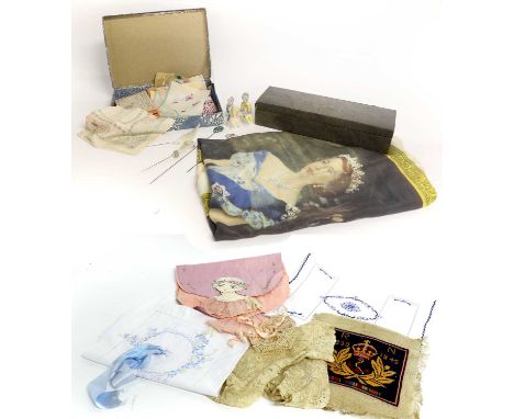 Assorted Costume Accessories and Textiles, comprising a card box containing four china half dolls, a pair of Edwardian ladies