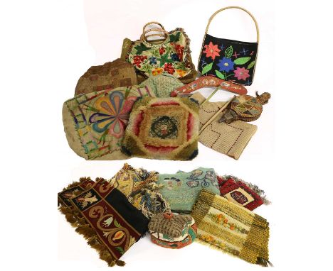 Assorted Decorative Textiles and Accessories comprising a patchwork mounted small bellows, a petite point panel with fringed 