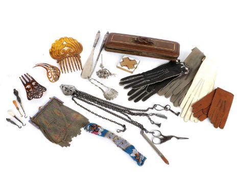 Assorted Early 20th Century Costume Accessories, comprising a tan leather hinged glove box with gilt metal mounts and clasp e